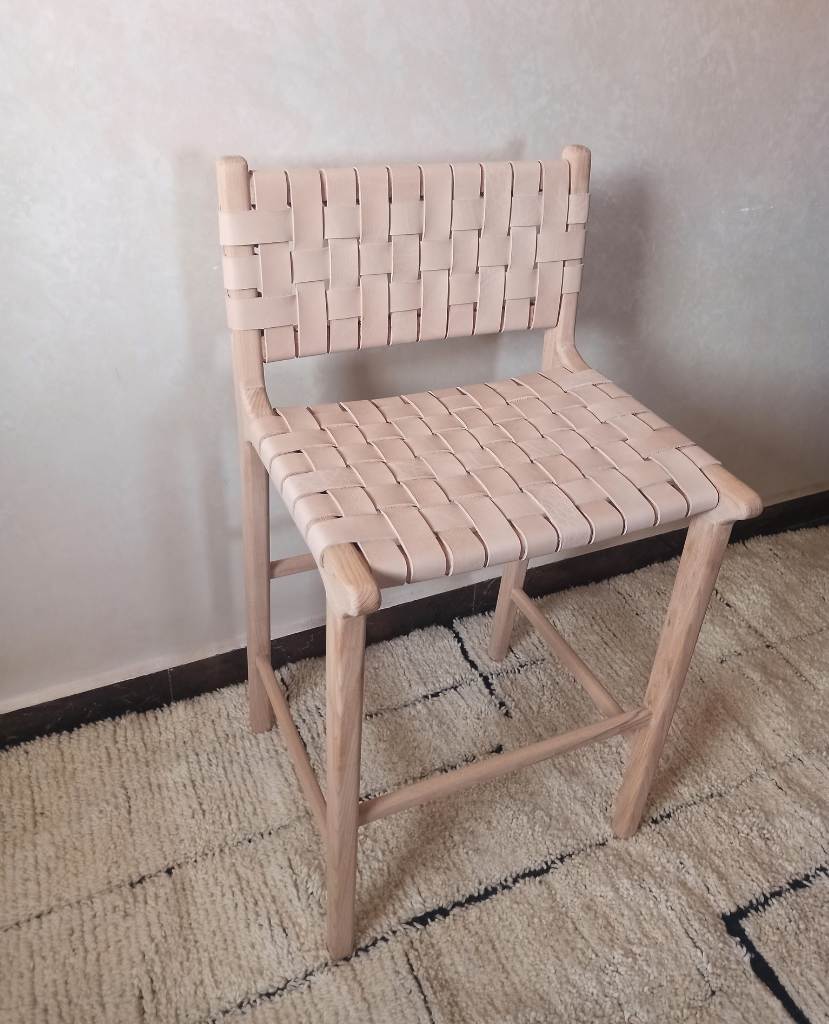 Leather Counter Stool - Natural Teak Wood With Natural Leather