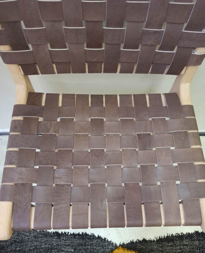 Leather Strap Counter Stool - Natural Teak Wood With Drak Brown Leather