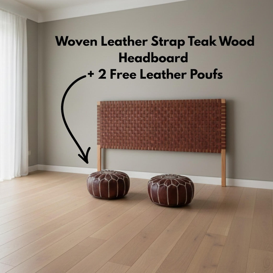 Handcrafted Leather Headboard & 2 Free Pouf Ottomans | Queen, King, California King