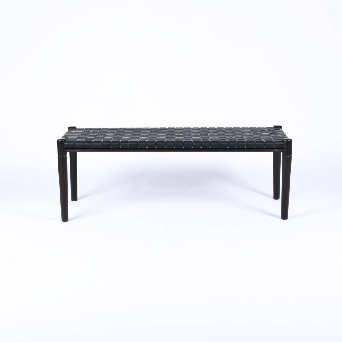 Helga Woven Leather Bench Black Teak Wood With Black Strap Leather