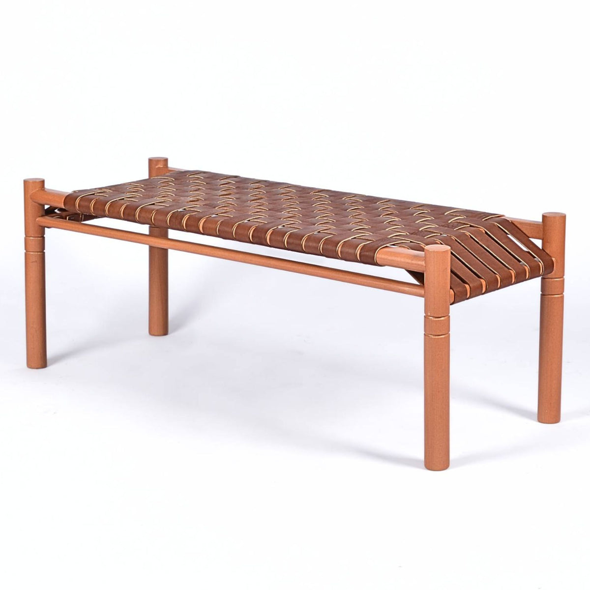 Hilda Woven Leather Bench Cognac Teak Wood With Brown Cognac Strap Leather