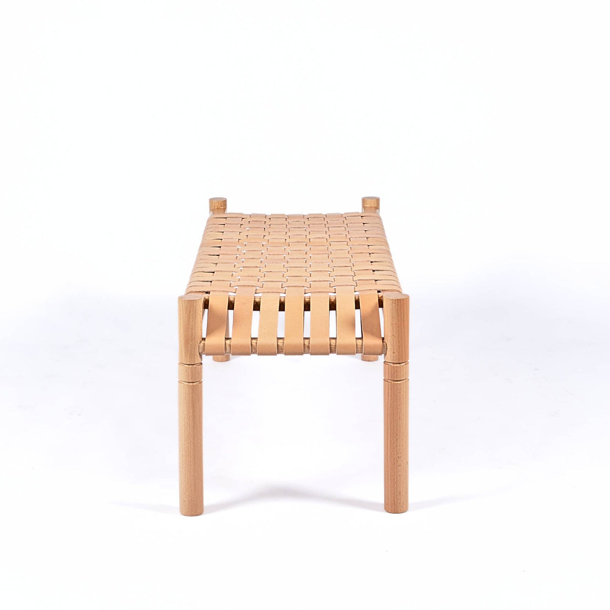 Hilda Woven Leather Bench Varnished Teak Wood With Strap Beige Leather