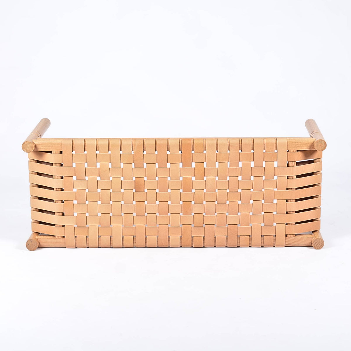 Hilda Woven Leather Bench Varnished Teak Wood With Strap Beige Leather