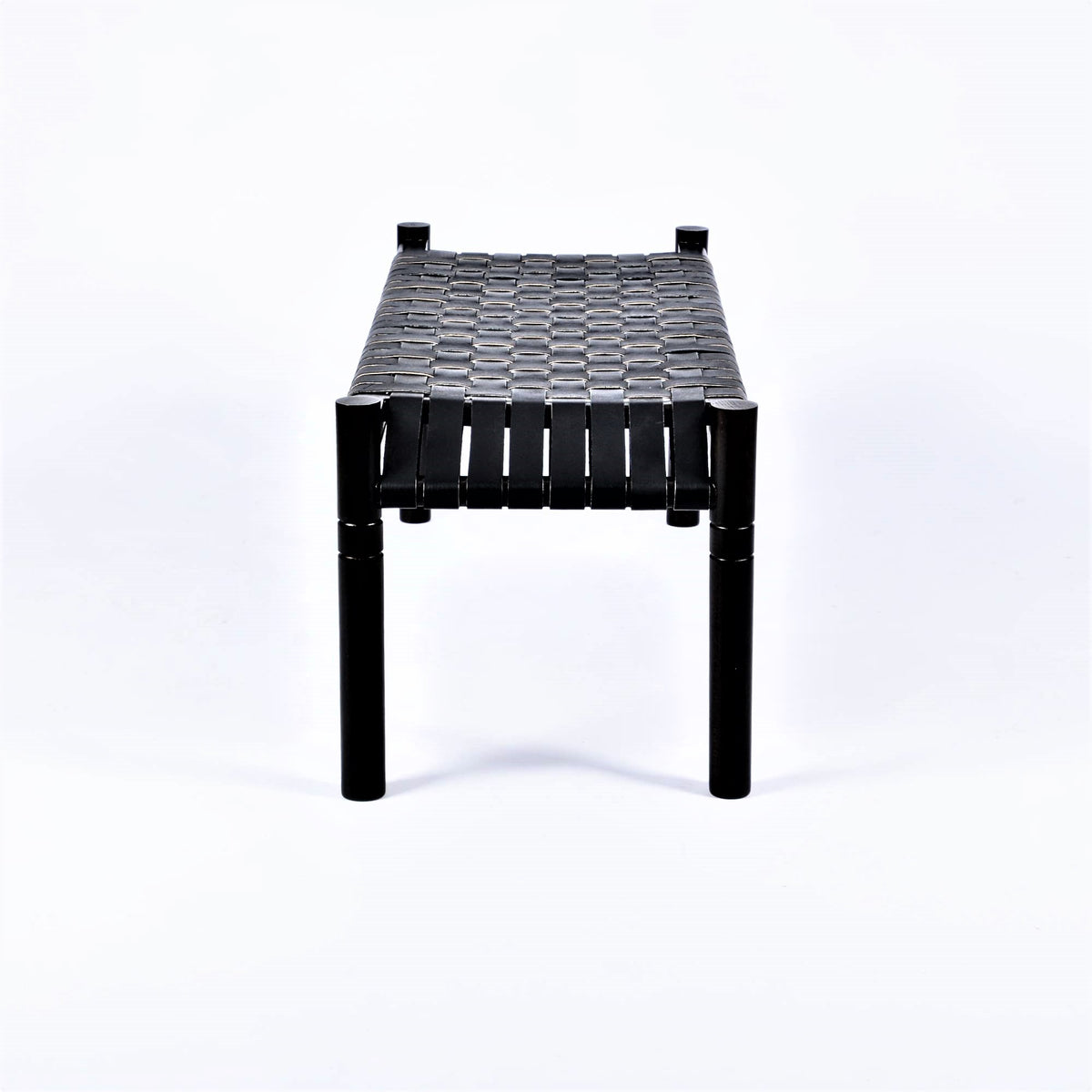 Hilda Woven Leather Bench Black Teak Wood With Black Strap Leather