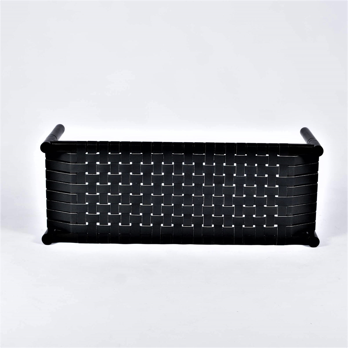 Hilda Woven Leather Bench Black Teak Wood With Black Strap Leather