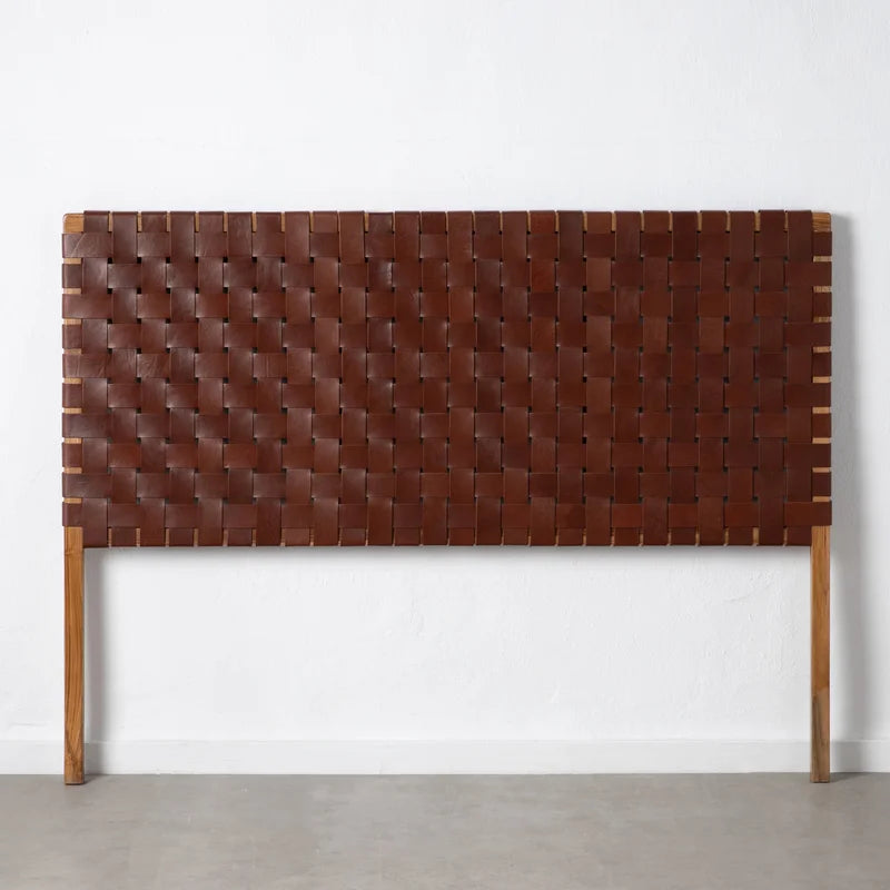 front view Detailed focus on the distressed leather texture in a Scandinavian King Size Headboard inspired woven headboard.