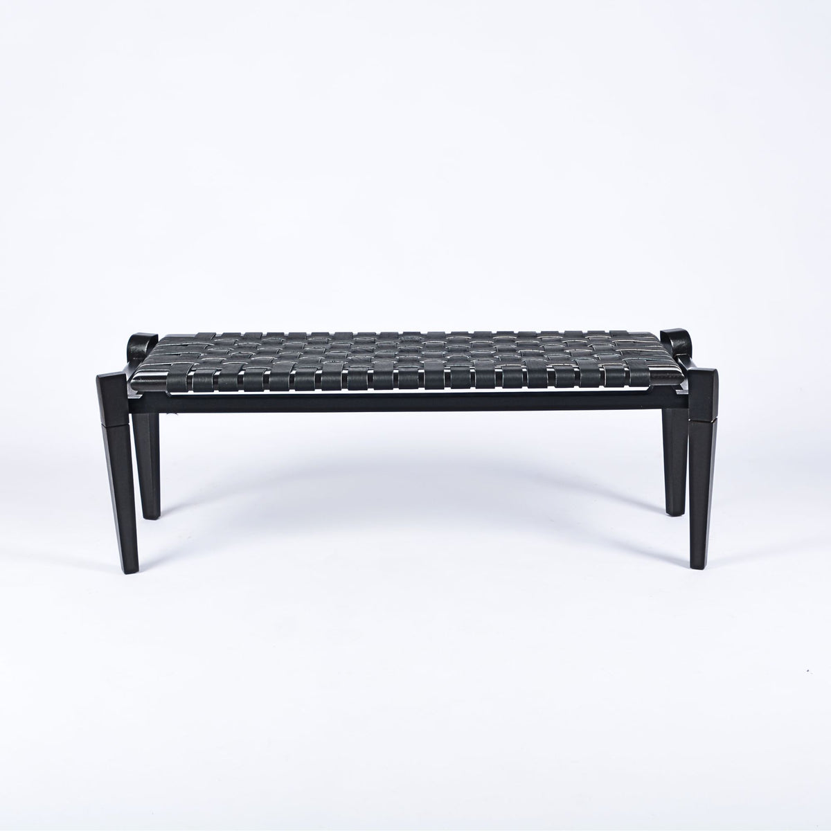 Leif Woven Leather Bench Black Teak Wood With Black Strap Leather
