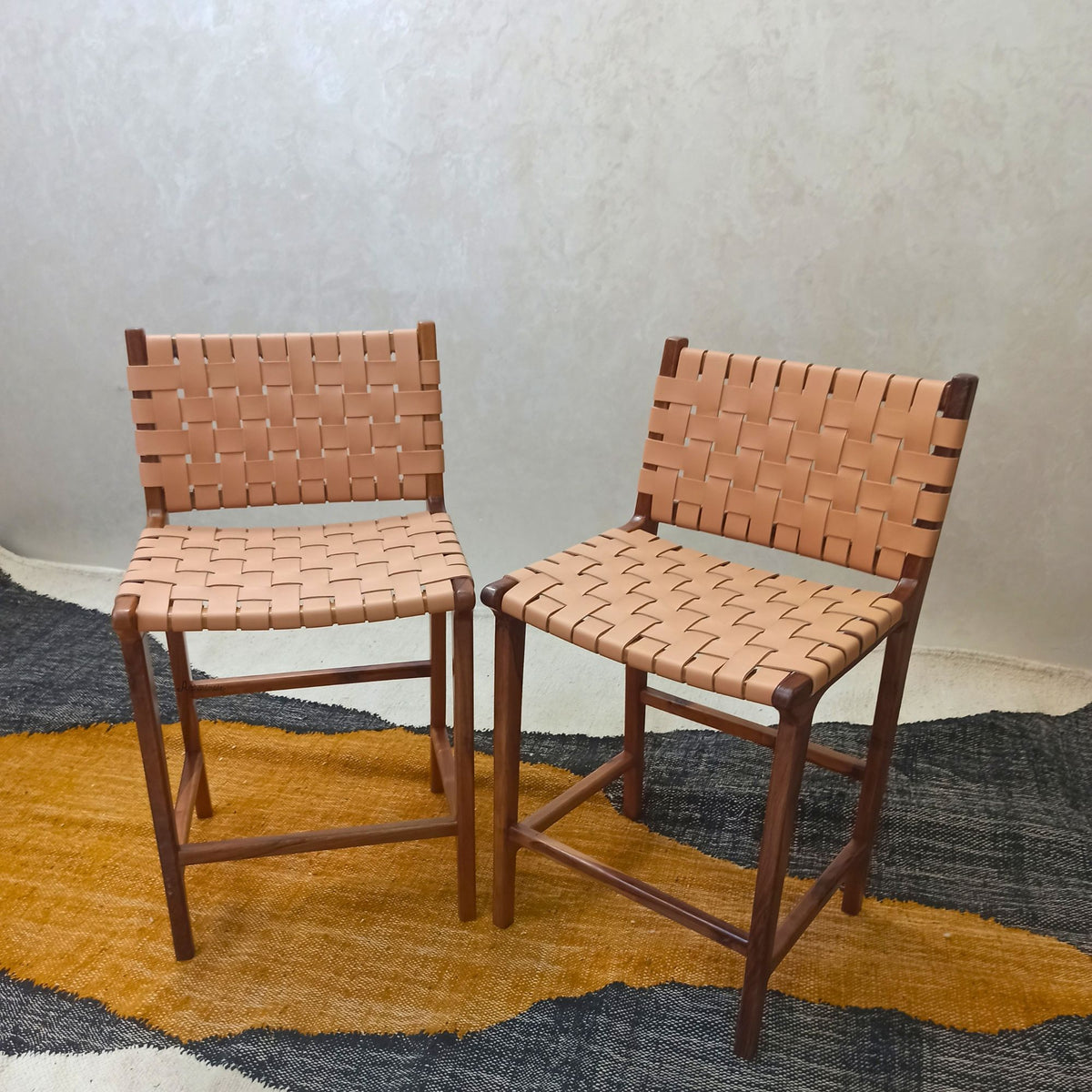Walnut Counter Stools, Natural Teak Wood With beige Leather.