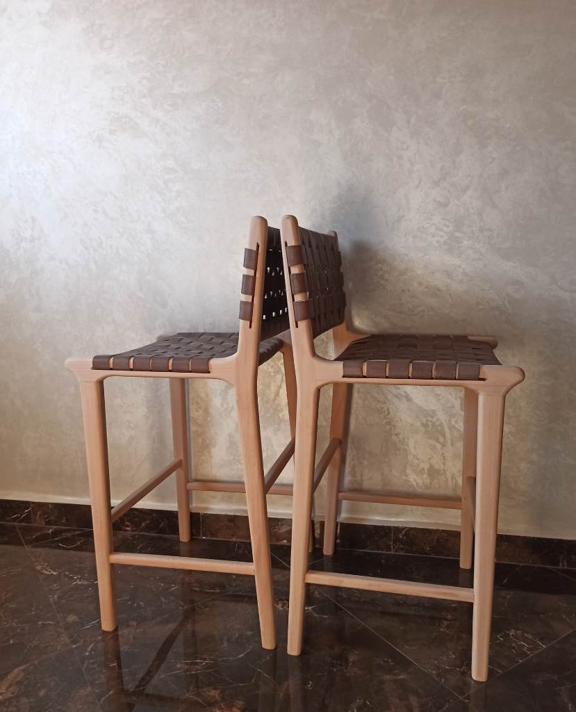 Leather Strap Counter Stool - Natural Teak Wood With Drak Brown Leather
