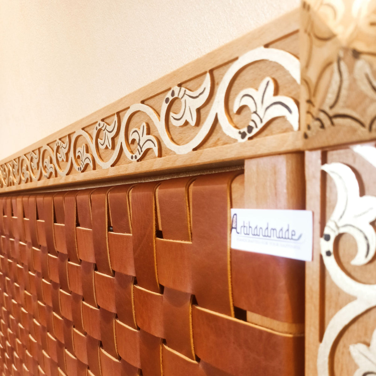 Exclusive luxury Leather Headboard - Frame Carved Leaf with Gold-painted & woven Strap leather