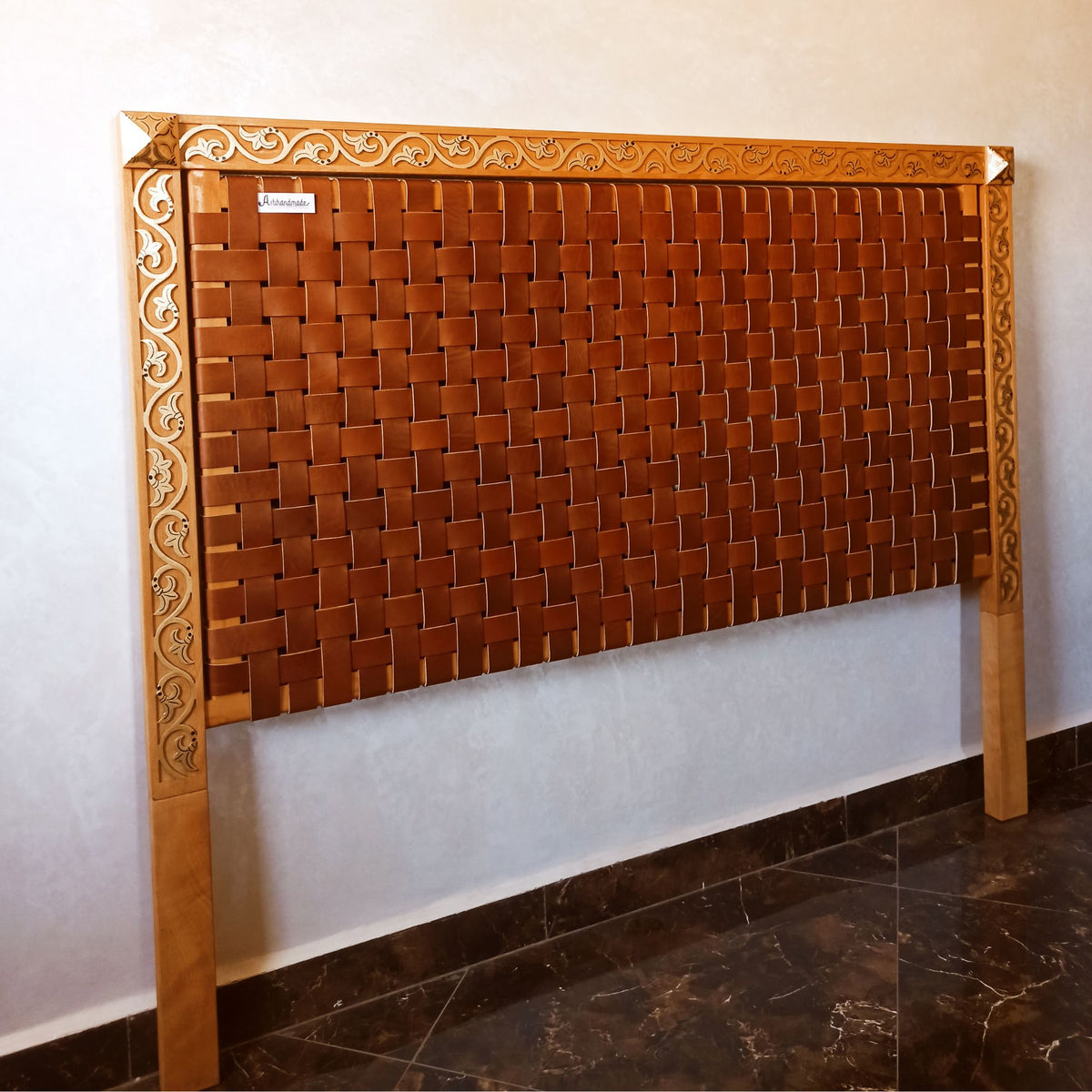 Exclusive luxury Leather Headboard - Frame Carved Leaf with Gold-painted & woven Strap leather