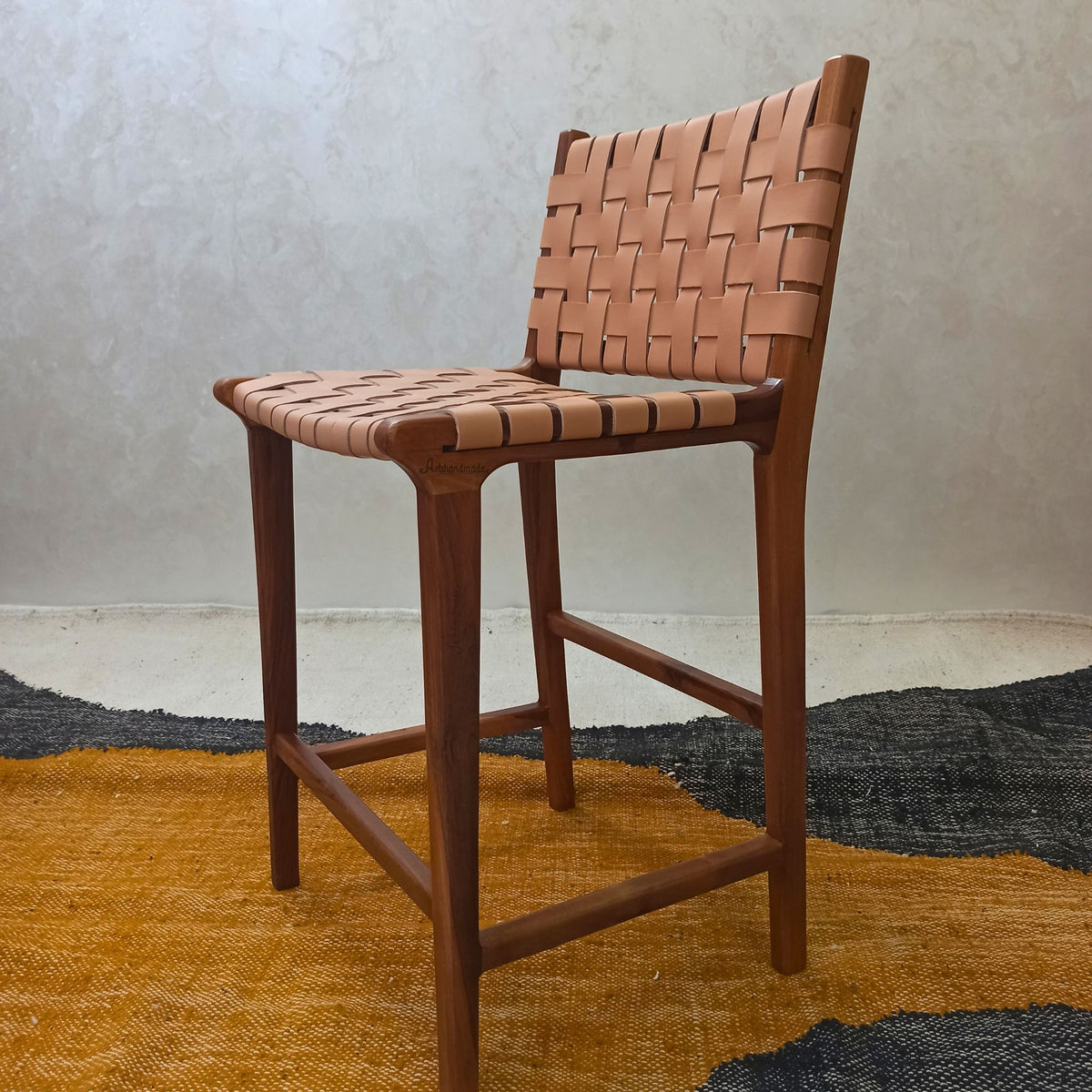 Walnut Counter Stools, Natural Teak Wood With beige Leather.