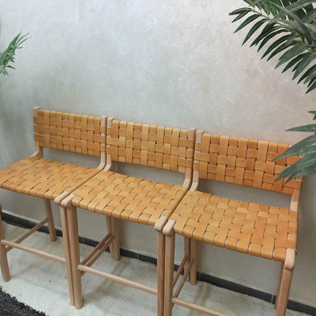 Leather Woven Strap Counter Stool - Natural Teak Wood With Beige Leather