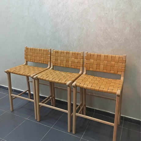 Leather Woven Strap Counter Stool - Natural Teak Wood With Beige Leather