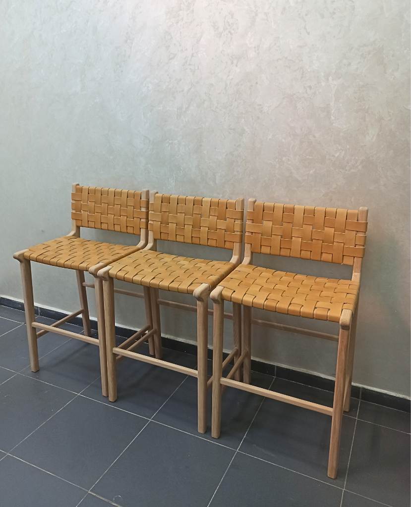 Leather Woven Strap Counter Stool - Natural Teak Wood With Beige Leather