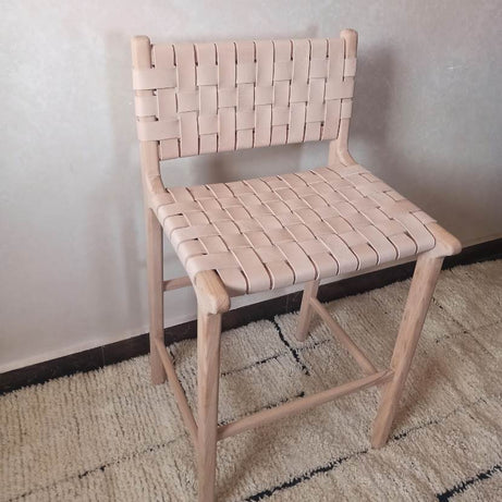 Leather Counter Stool - Natural Teak Wood With Natural Leather