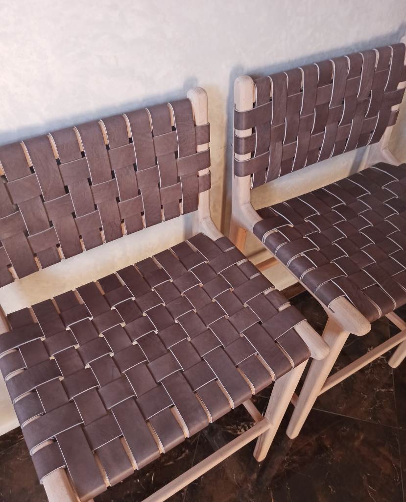Leather Strap Counter Stool - Natural Teak Wood With Drak Brown Leather