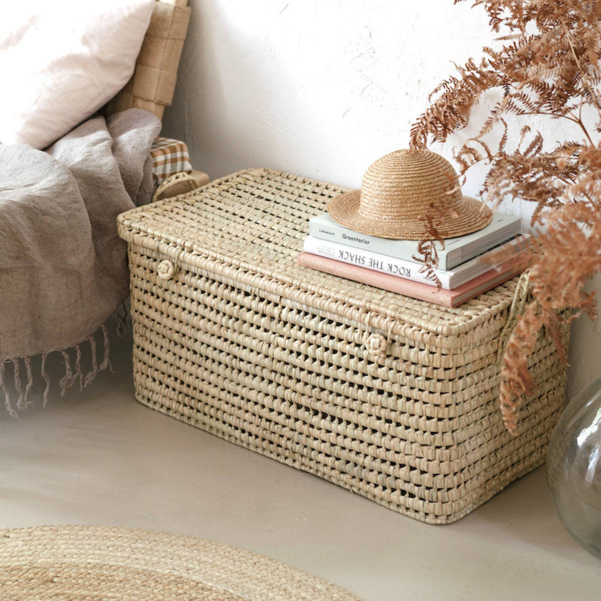 Palm Leaf Storage Trunk Lidded Toy Box - Large Wicker Storage 31 Inches
