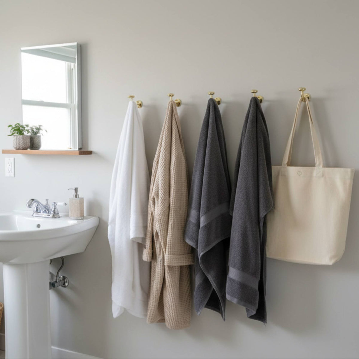Towels and a bag hanging on brass gold hooks in a bathroom.