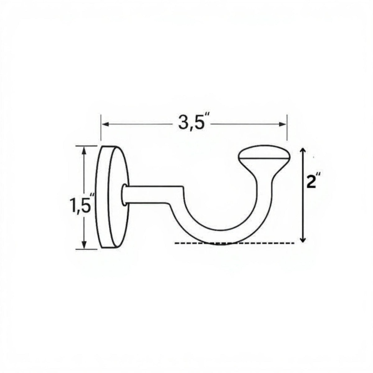 Measurement diagram of a brass hook with dimensions labeled