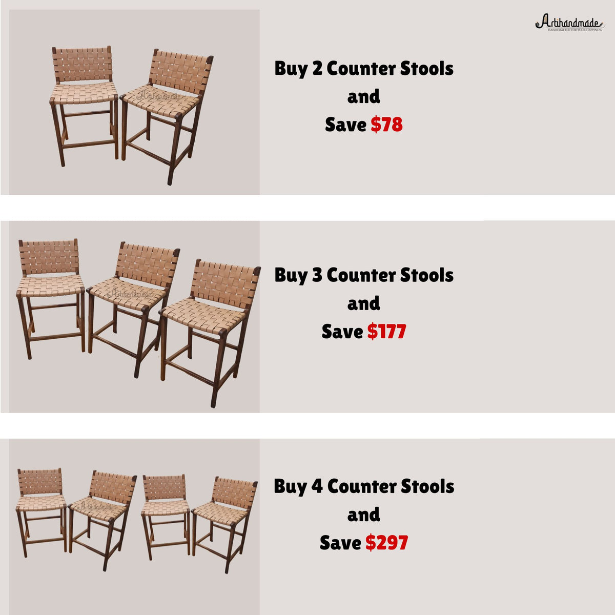 Walnut Counter Stools, Natural Teak Wood With beige Leather.