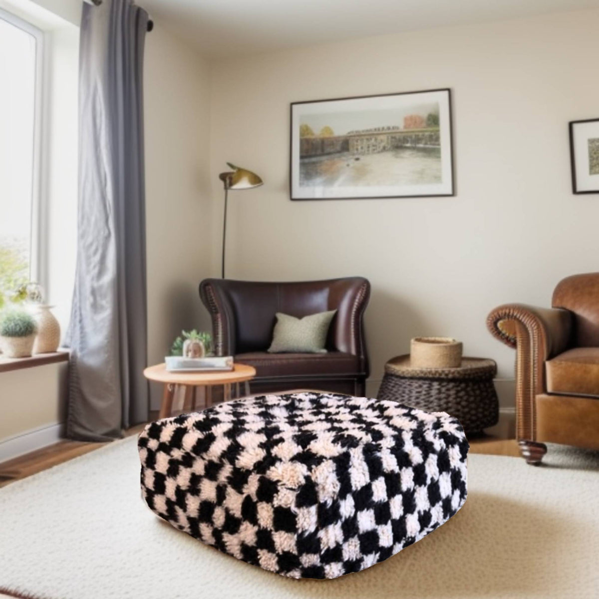 Checkered Wool Square Ottoman Pouf