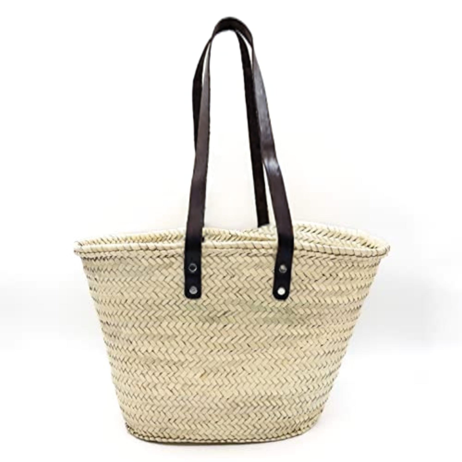 French Basket Woven Palm Leaves With Leather Handles Beach Bag