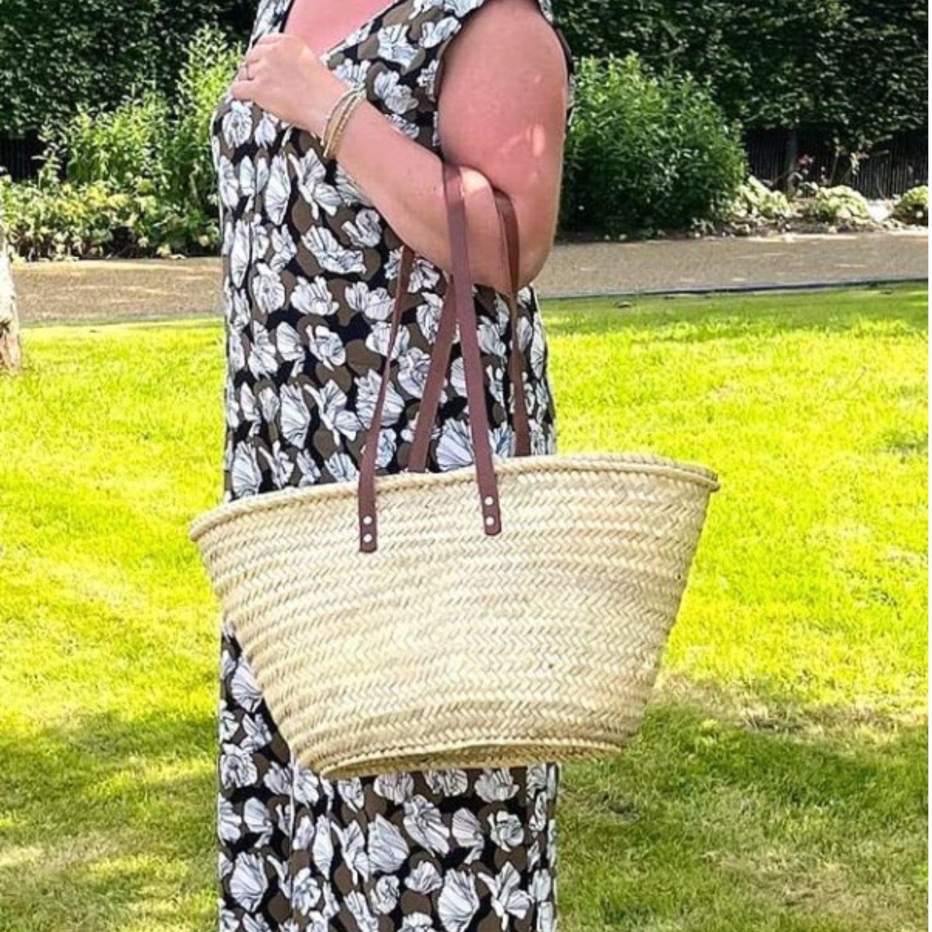 French Basket Woven Palm Leaves With Leather Handles Beach Bag