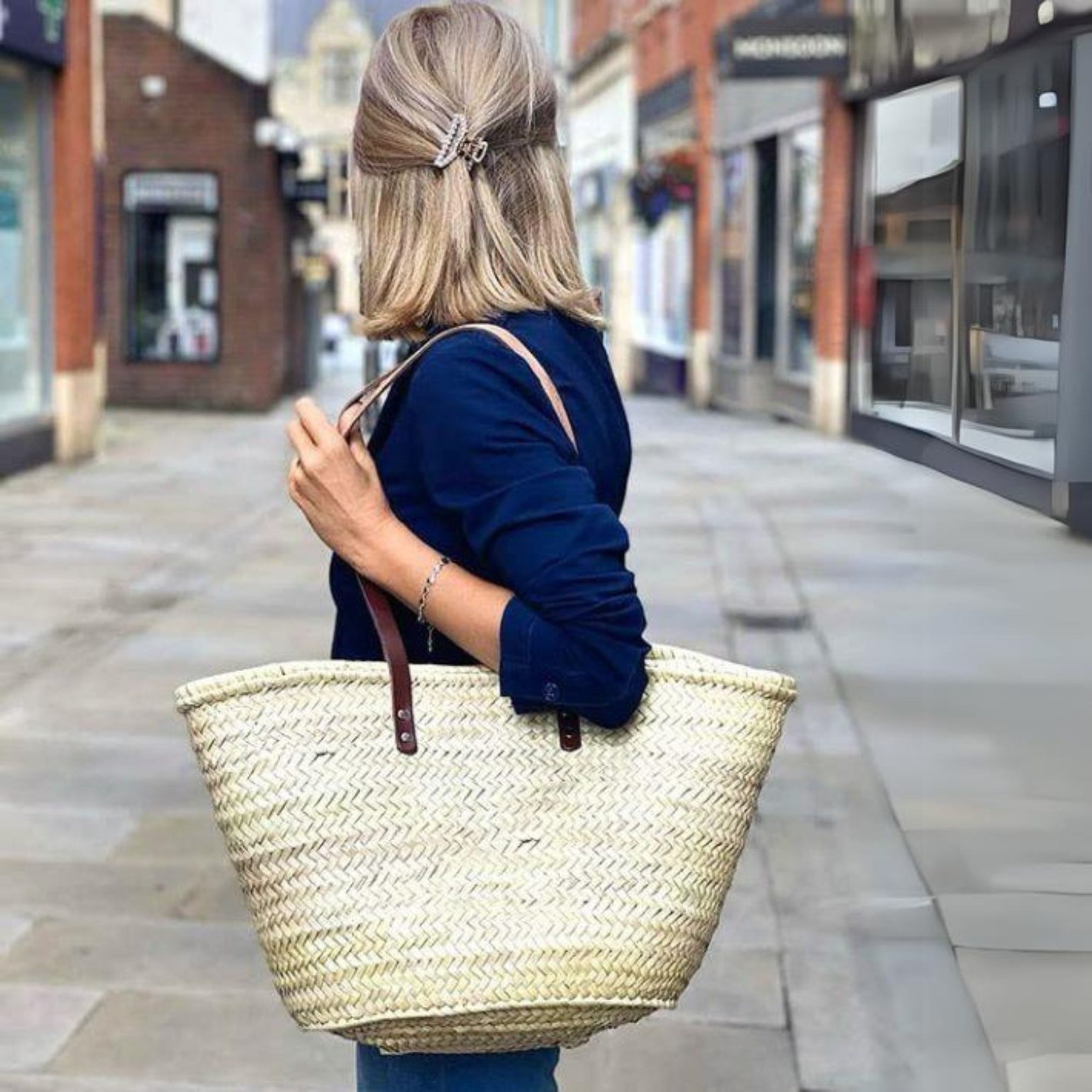 French Basket Woven Palm Leaves With Leather Handles Beach Bag
