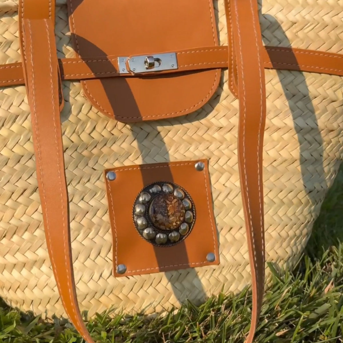 Handmade large straw french baskets with leather straps