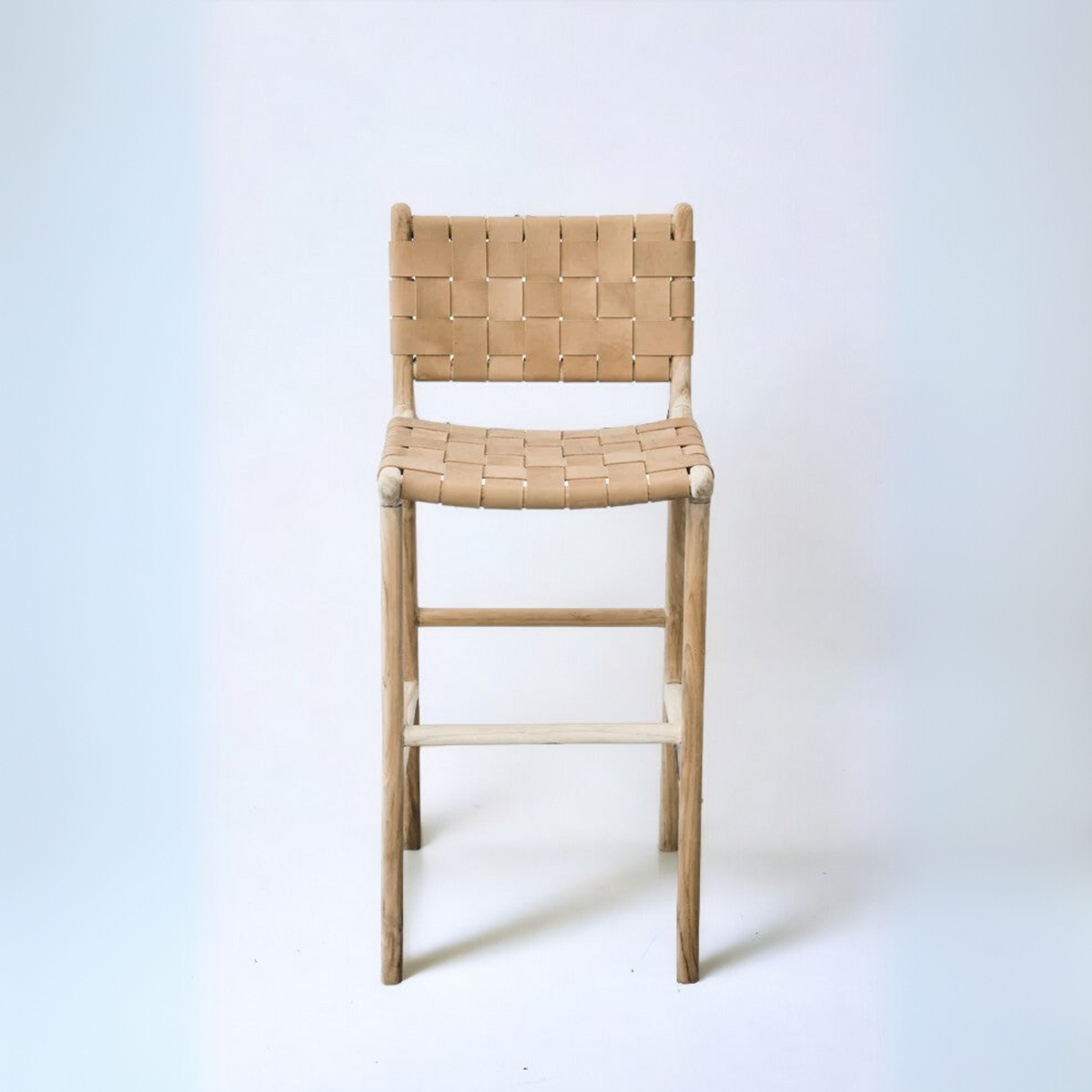 Woven Leather Counter Stool - Natural Teak Wood With Tan Leather