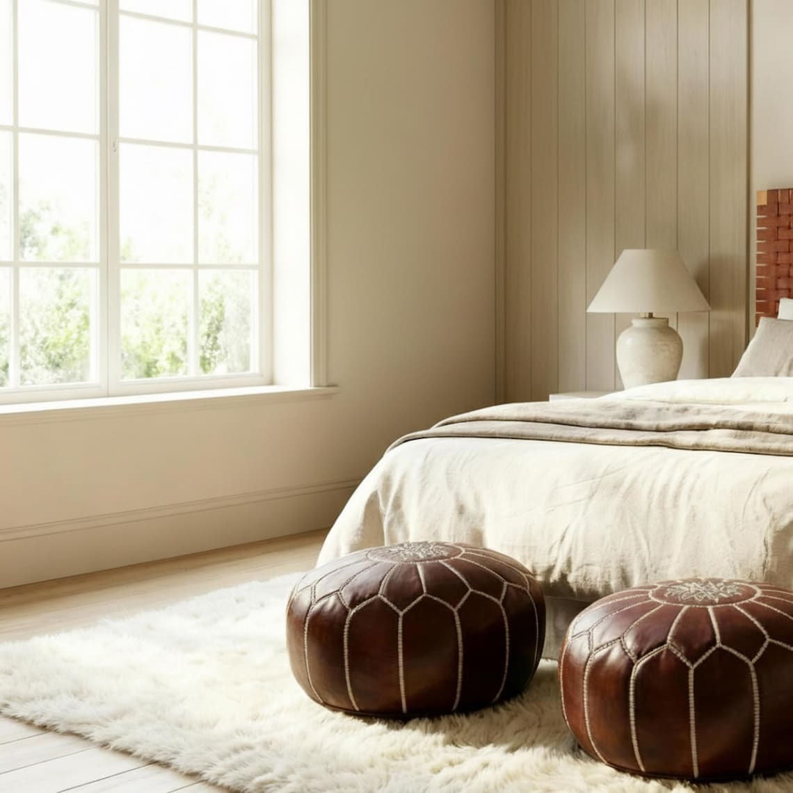 Handcrafted Leather Headboard & 2 Free Pouf Ottomans | Queen, King, California King