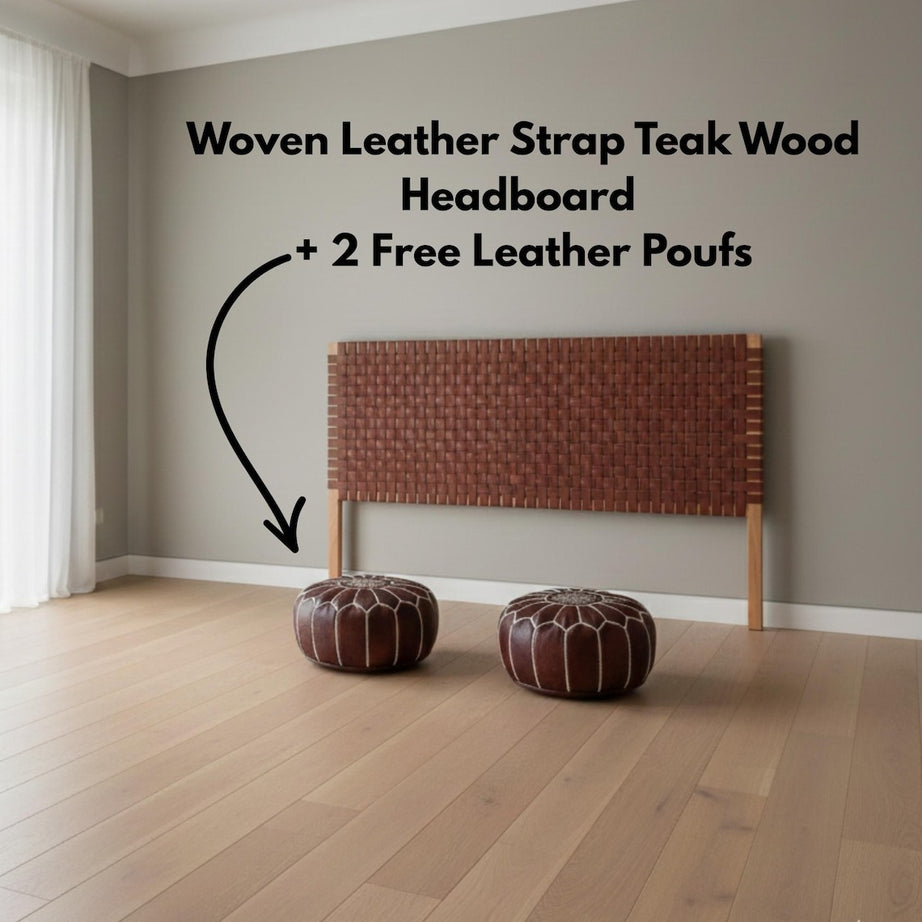 Handcrafted Leather Headboard & 2 Free Pouf Ottomans | Queen, King, California King