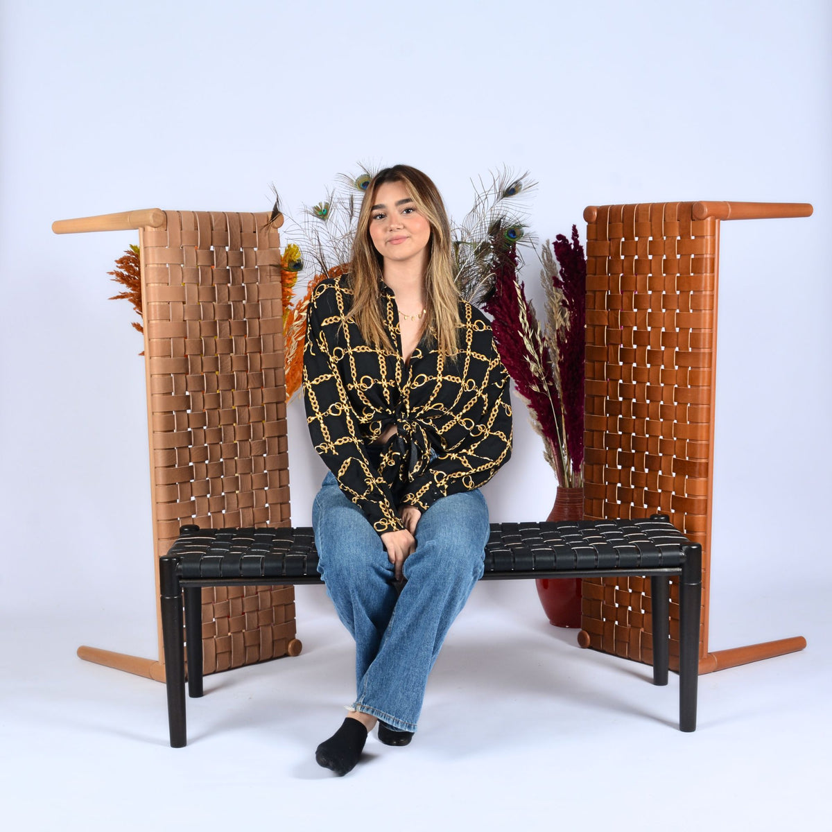 Helga Woven Leather Bench Black Teak Wood With Black Strap Leather
