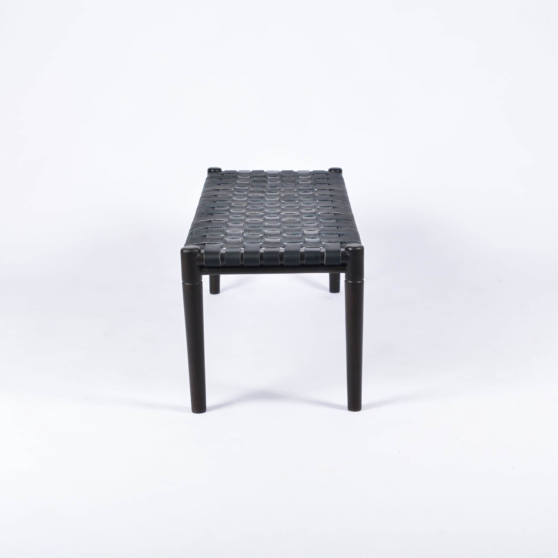 Helga Woven Leather Bench Black Teak Wood With Black Strap Leather
