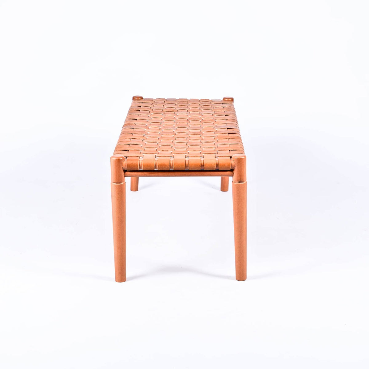 Helga Woven Leather Bench Cognac Teak Wood With Brown Cognac Strap Leather