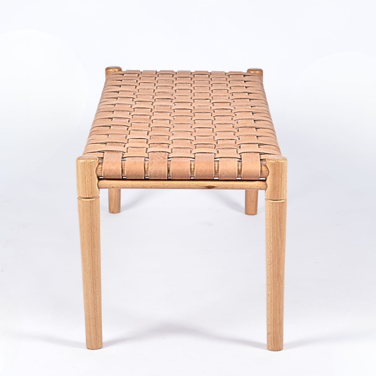Helga Woven Leather Bench Varnished Teak Wood With Strap Beige Leather