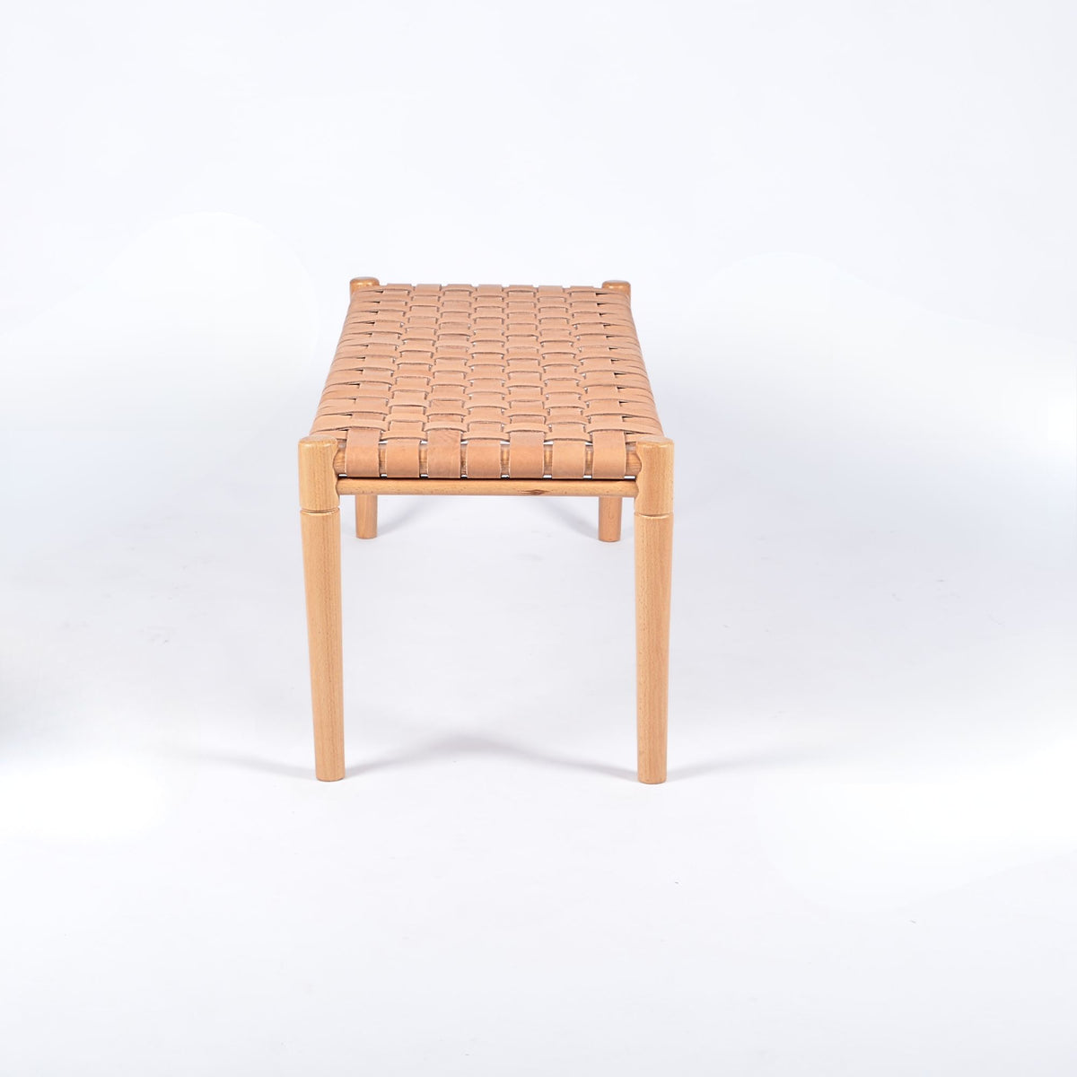 Helga Woven Leather Bench Varnished Teak Wood With Strap Beige Leather