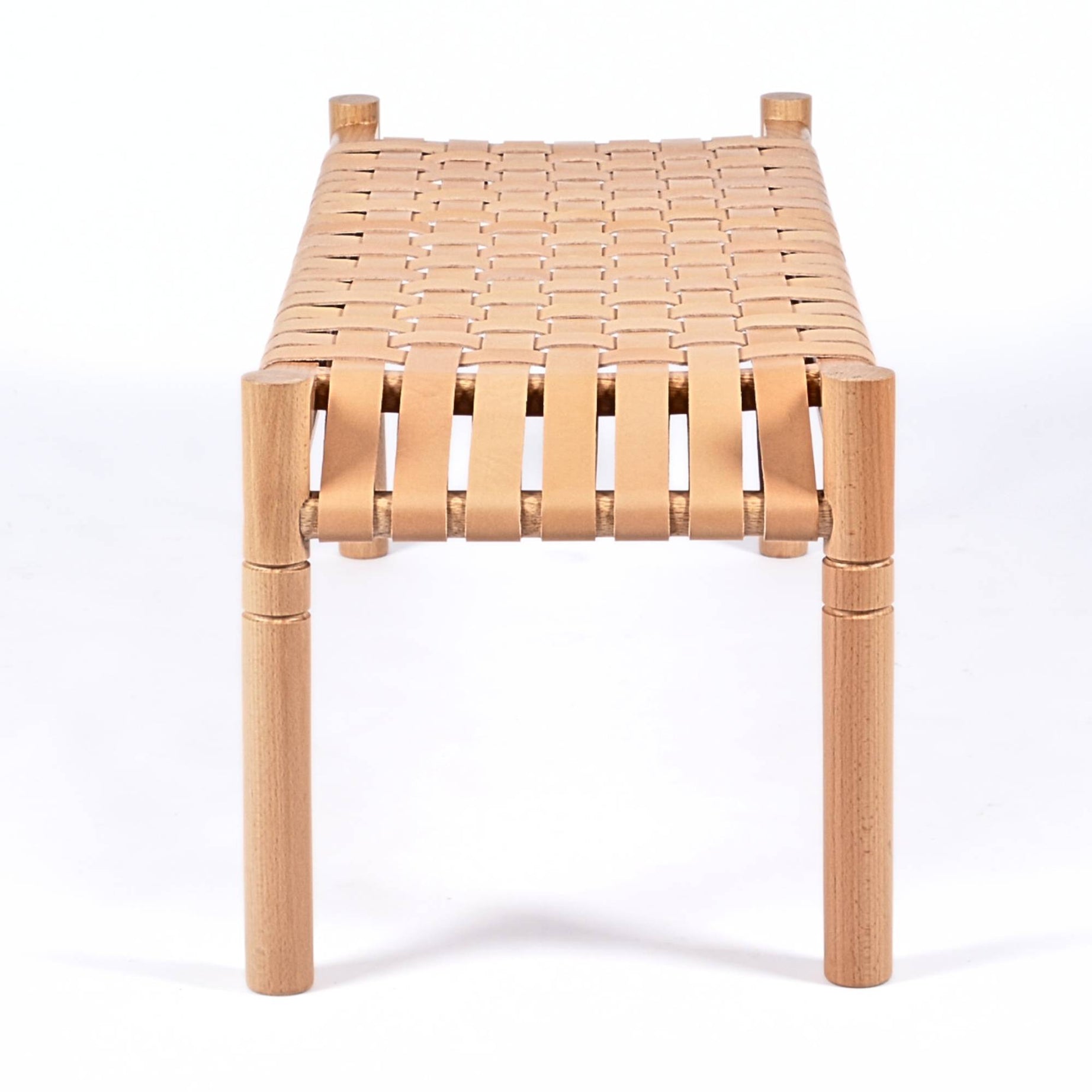 Hilda Woven Leather Bench Varnished Teak Wood With Strap Beige Leather