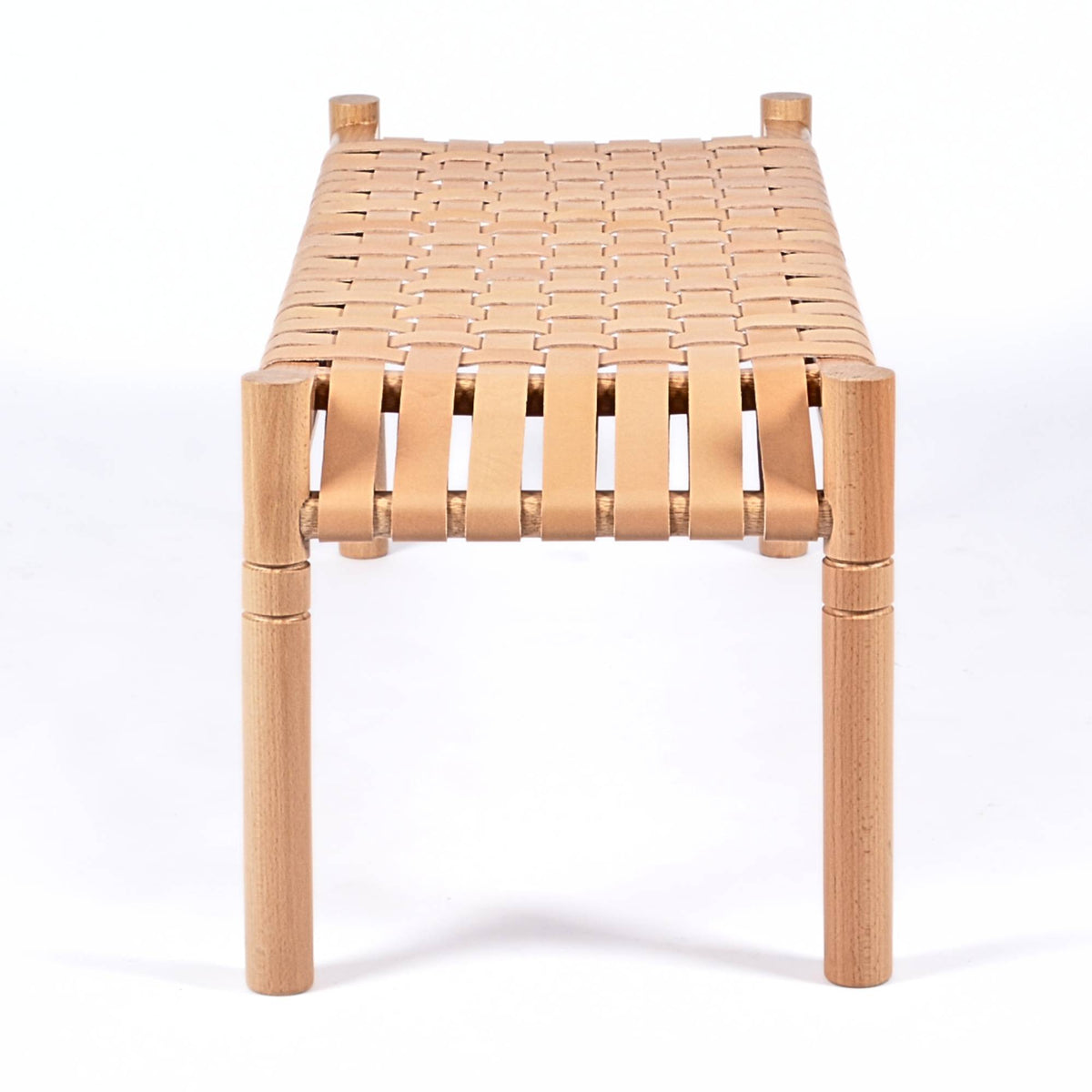 Hilda Woven Leather Bench Varnished Teak Wood With Strap Beige Leather