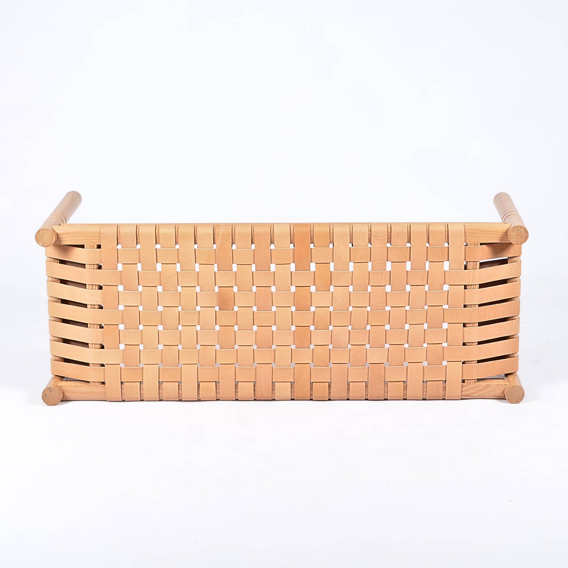 Hilda Woven Leather Bench Varnished Teak Wood With Strap Beige Leather