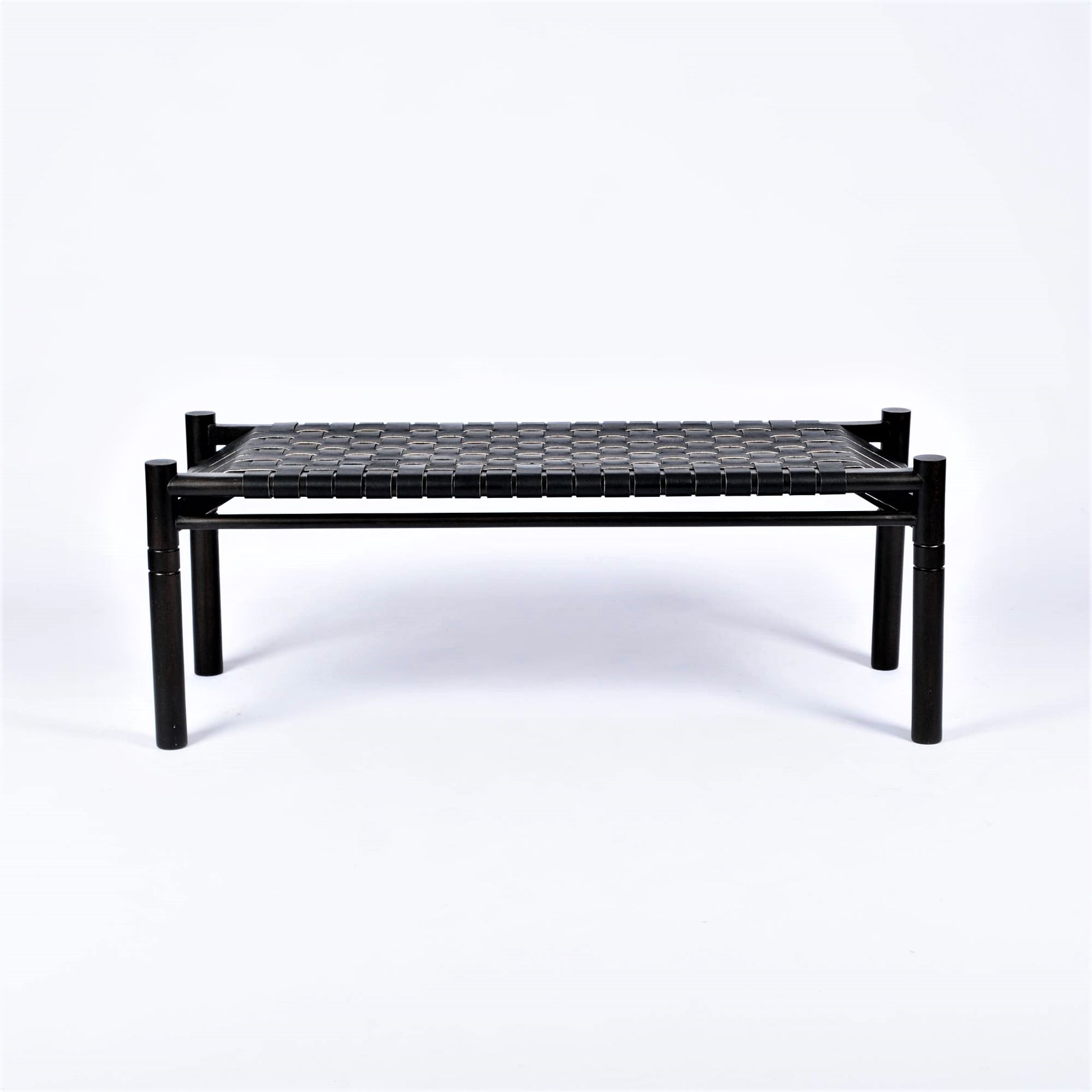 Hilda Woven Leather Bench Black Teak Wood With Black Strap Leather