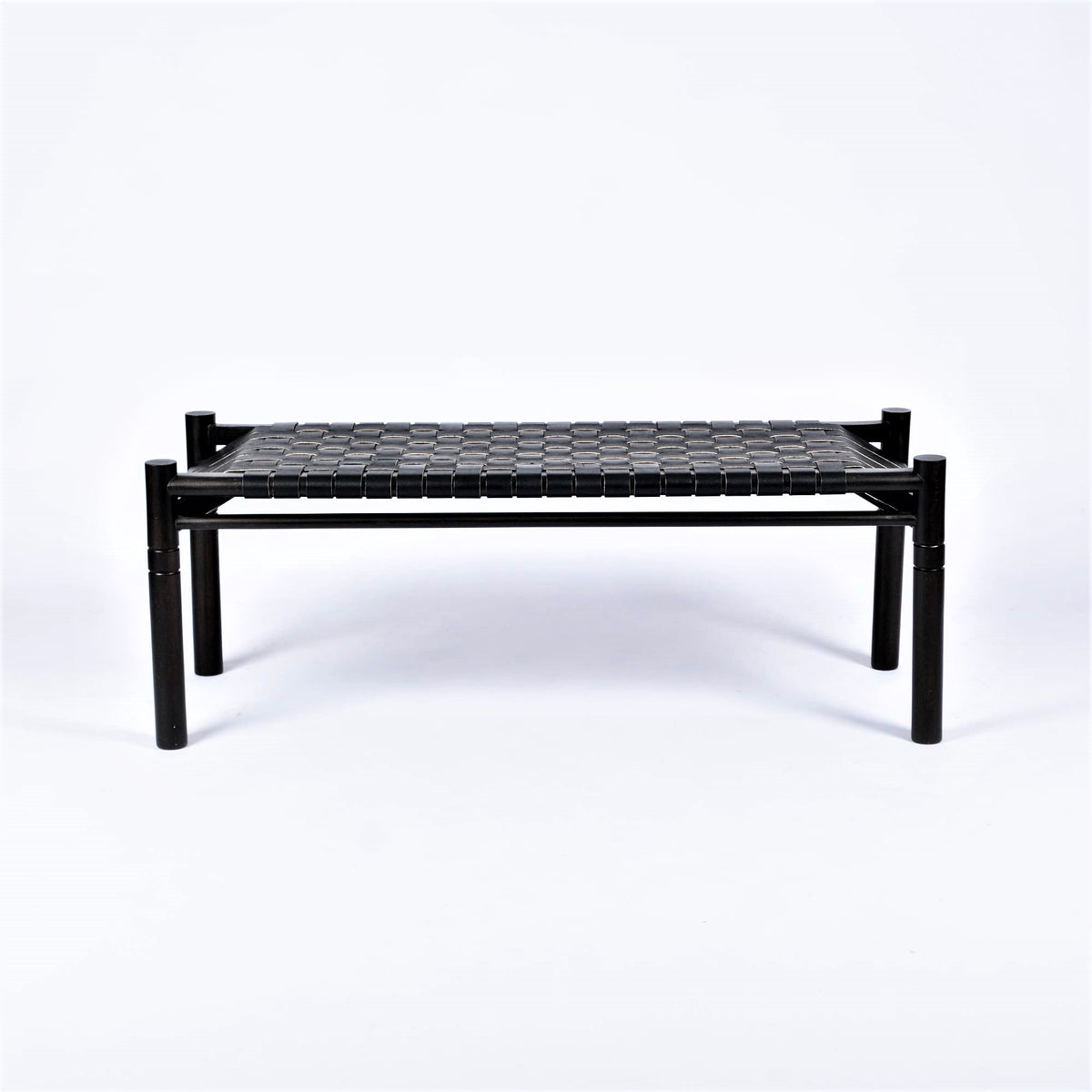 Hilda Woven Leather Bench Black Teak Wood With Black Strap Leather