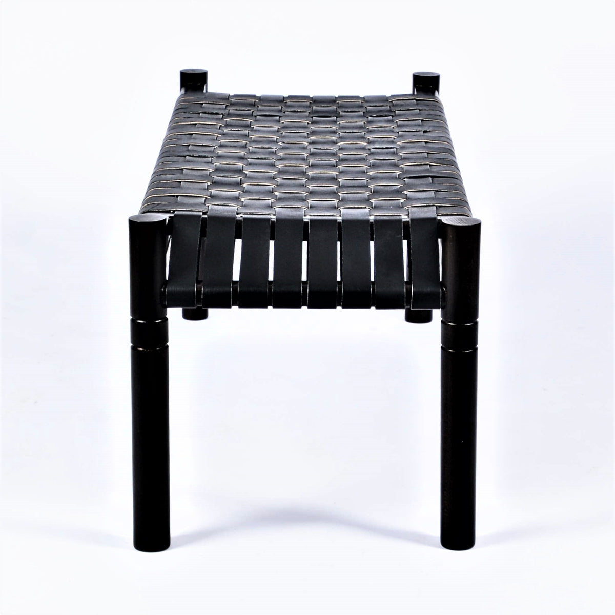 Hilda Woven Leather Bench Black Teak Wood With Black Strap Leather