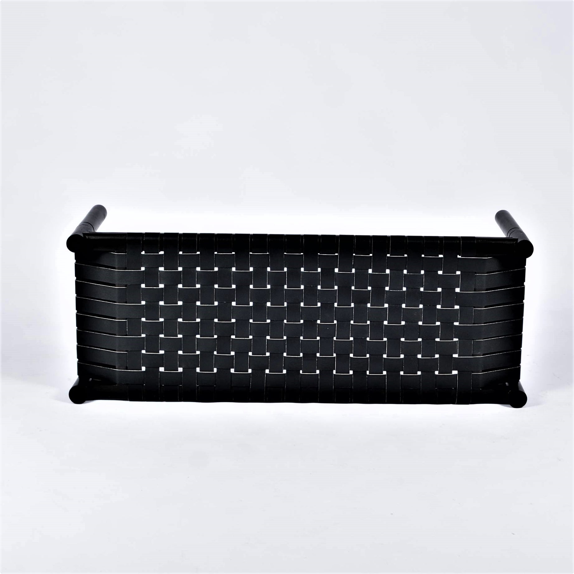 Hilda Woven Leather Bench Black Teak Wood With Black Strap Leather