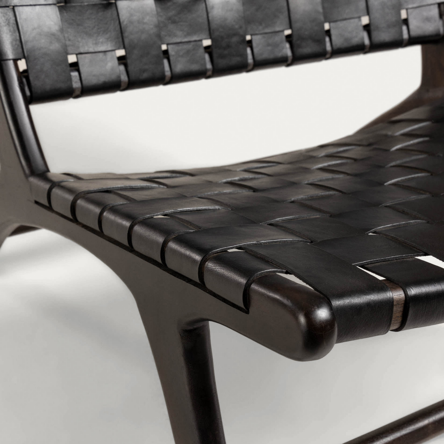 Handcrafted Woven Leather Lounge Chair - Teak Wood & Full-Grain Leather - Black