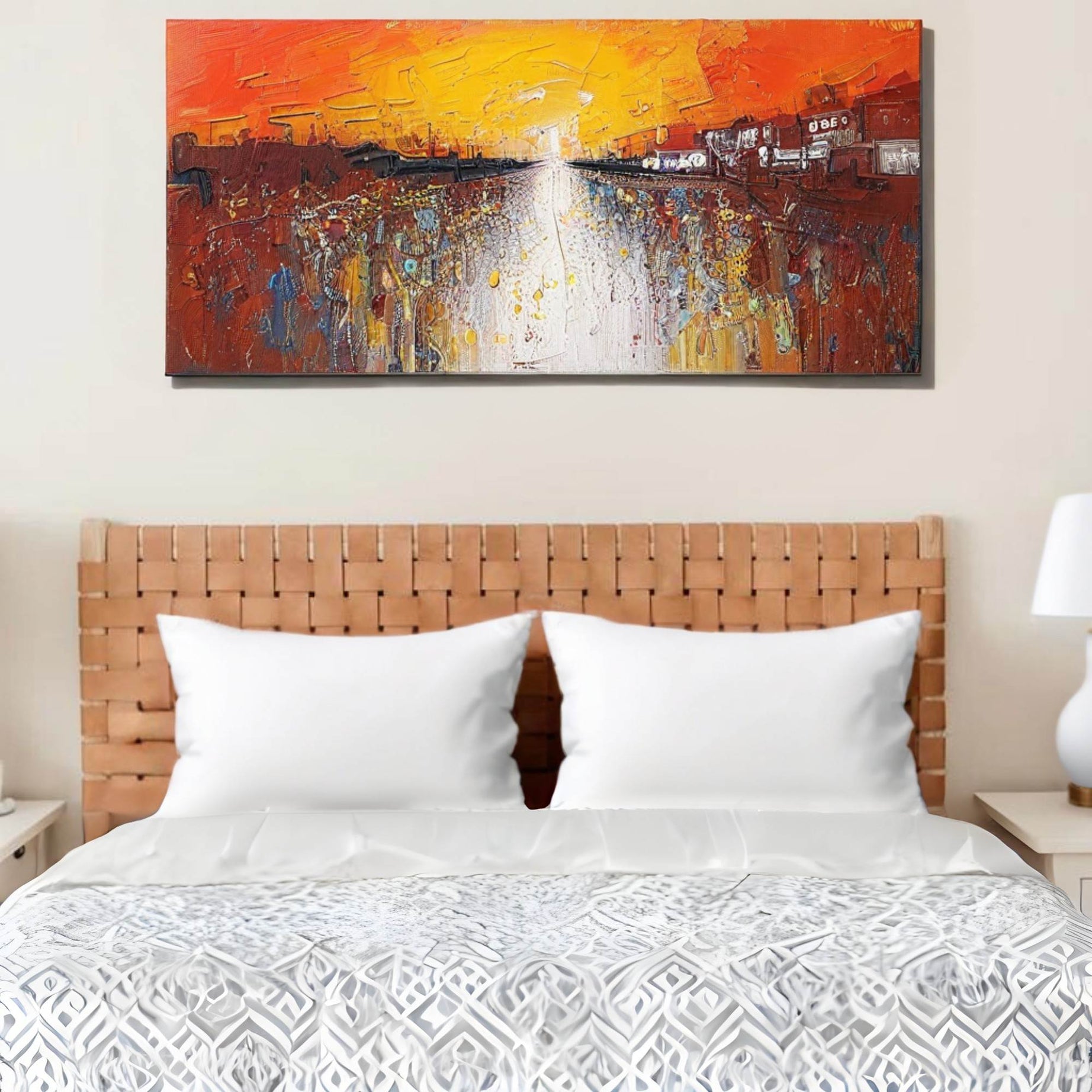 Front view of a contemporary strap woven leather headboard with a bold, stylish design king size headboard