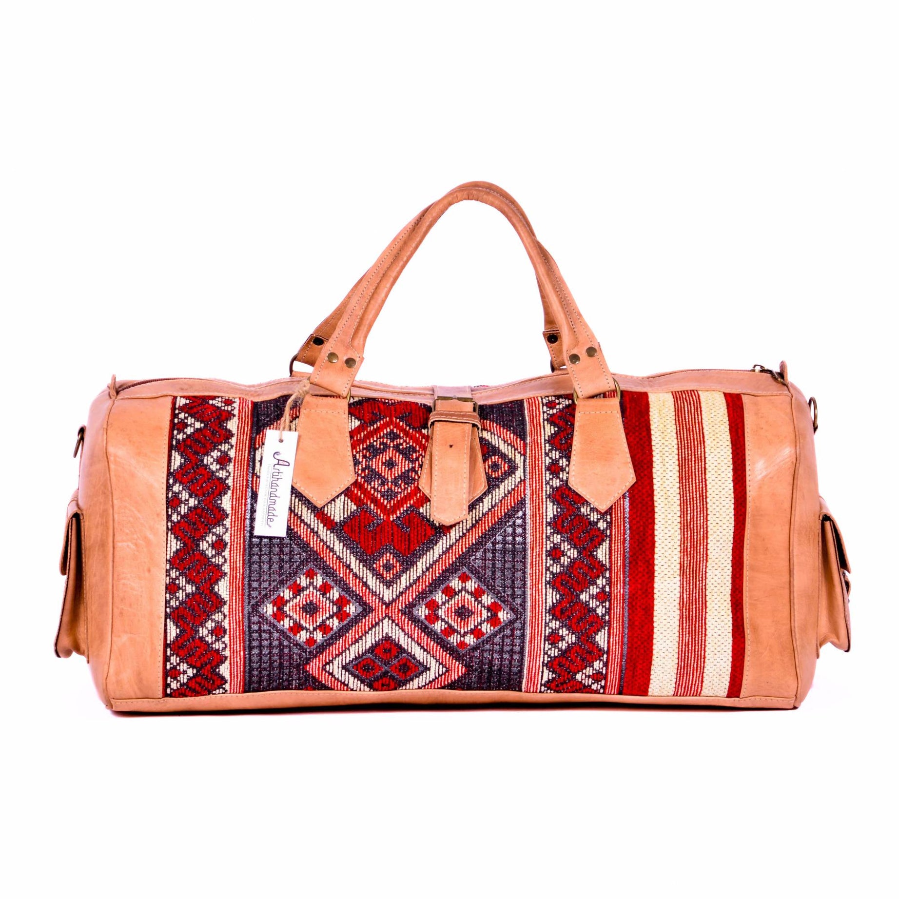 Artisan Leather & Kilim Travel Duffel Bag - Tan Natural