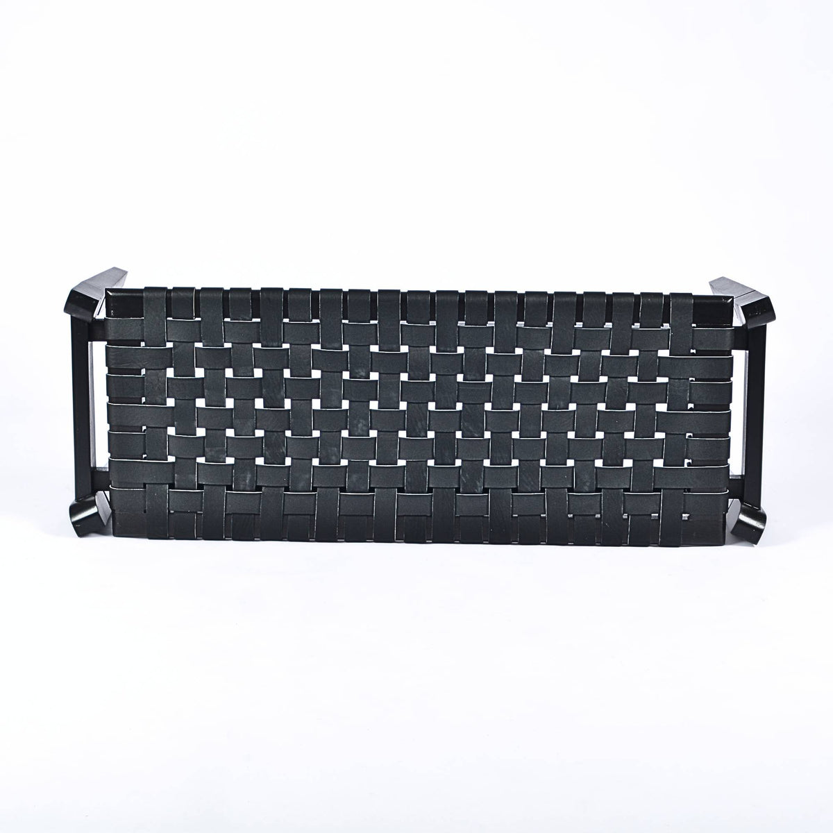 Leif Woven Leather Bench Black Teak Wood With Black Strap Leather