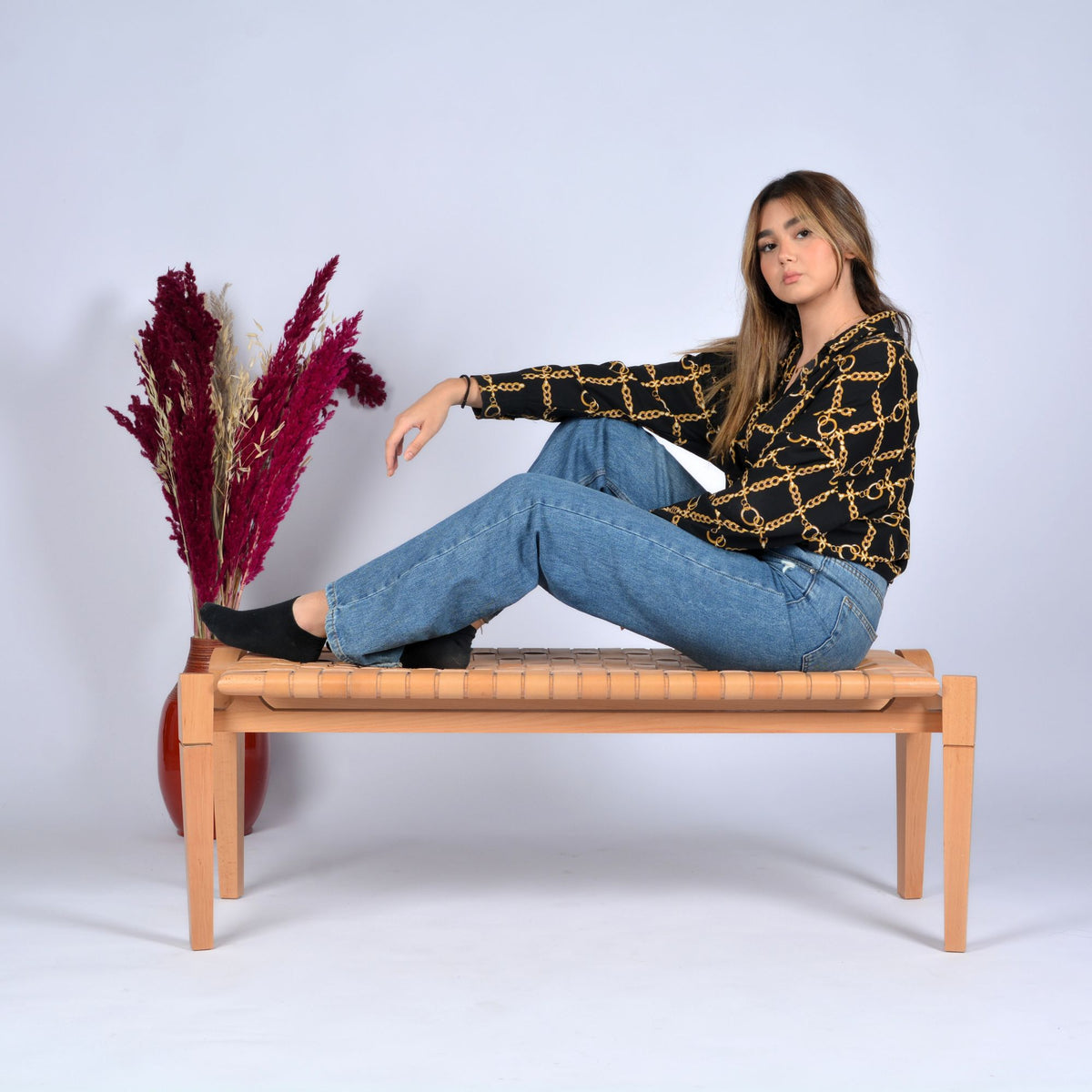 Woven Leather Bench-Beige